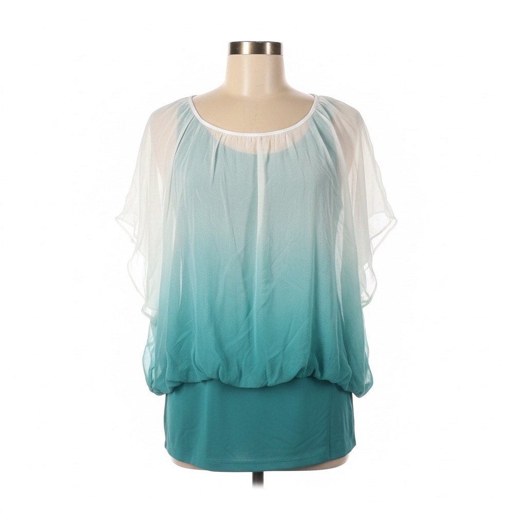 Linea Domani M Ombre Blouson Top Sheer Teal White Tropical Resort Vacation Flowy